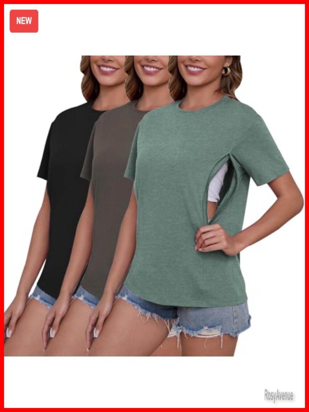 3-Pack Nursing Tops Hidden Side Zipper Short Sleeve Maternity Breastfeeding